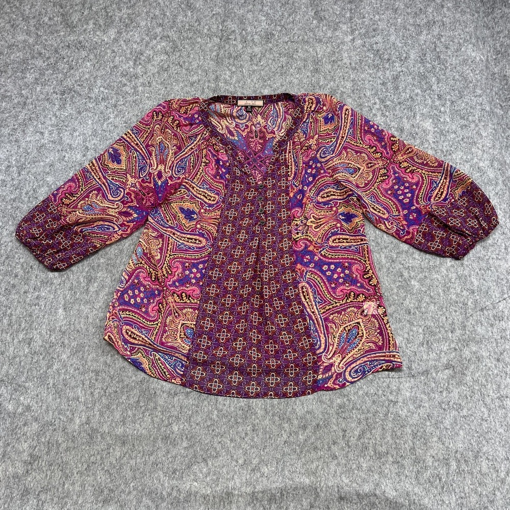 Olive Hill Blouse Womens M Multicolor Paisley V Neck 3/4 Sleeve Tunic Top Boho